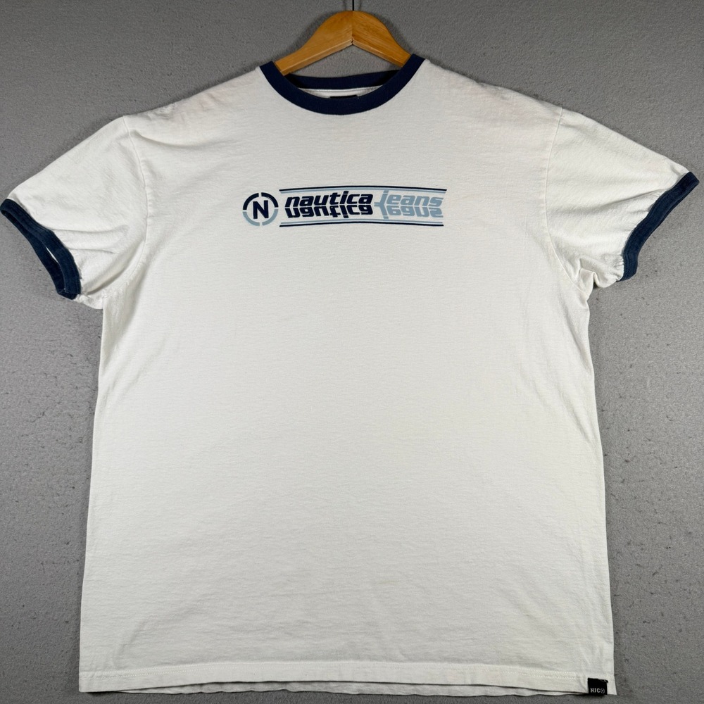 Nautica Jeans Company Men Large White Navy Ringer Graphic T-Shirt Y2K Streetwear